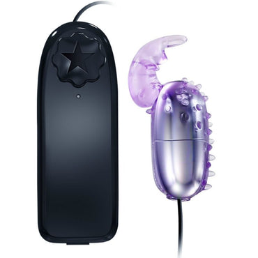 A vibrating egg with a purple and clear design, accompanied by a black remote control with a star symbol.