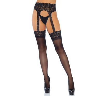 LEG AVENUE - Opaque Garterbelt Stocking High Waist Lace Belt One Size