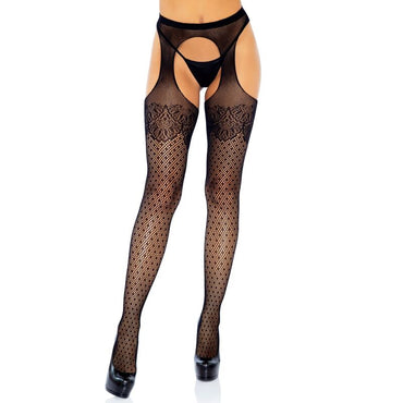 LEG AVENUE - Polka Dot Fishnet Suspender Hose Lace Top – One Size