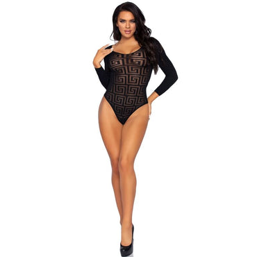 LEG AVENUE - Mosaic Sheer Opaque Snap Crotch Bodysuit – One Size