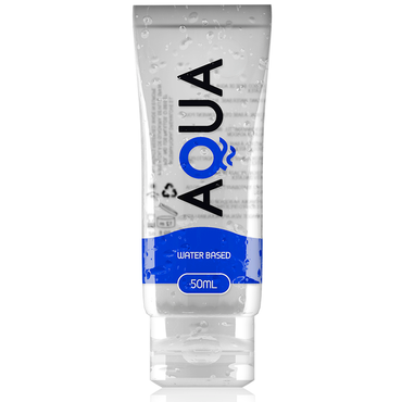 A clear plastic tube with a blue label, containing 50 ml of water-based lubricant, with the brand name 'AQUA' prominently displayed.
