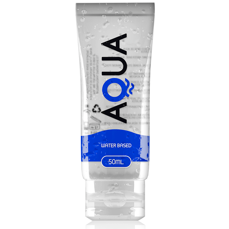 A clear plastic tube with a blue label, containing 50 ml of water-based lubricant, with the brand name 'AQUA' prominently displayed.