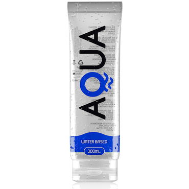A clear plastic bottle with a blue label, containing water-based lubricant. The label has the brand name 'Aqua' and indicates the product is a 200 ml lubricant.