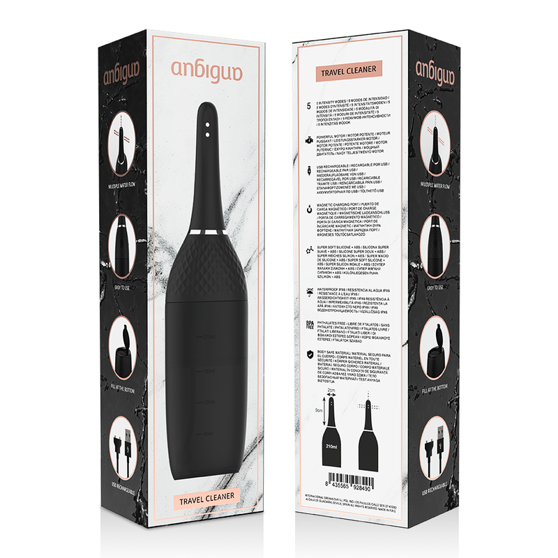 Enjoy safe and hygienic anal play with the Anbiguo Automatic Anal Cleaner. 5-speed flow, 360° spray, 210ml capacity, magnetic charging, and leak-free design.9