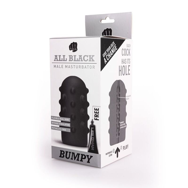 Enjoy diverse sensations with the All Black Masturbator Bumpy. Textured exterior, cavernous interior, and body-safe. Perfect for intense solo play.2