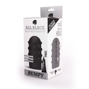 Enjoy diverse sensations with the All Black Masturbator Bumpy. Textured exterior, cavernous interior, and body-safe. Perfect for intense solo play.2