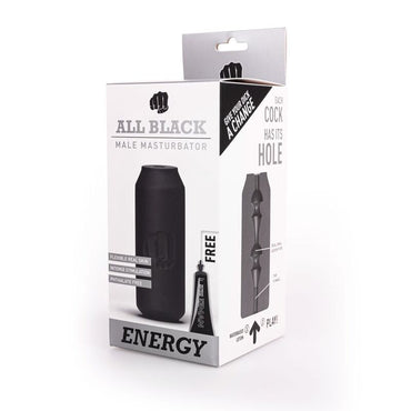 Enjoy a rush of pleasure with the All Black Masturbator Energy. Fun can-style design, unique cavernous interior, body-safe. Made in Belgium for intense satisfaction.2