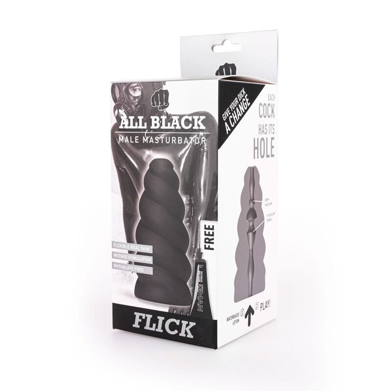 Experience unique sensations with the All Black Masturbator Flick. Spiral design, thick ridges, and textured interior. Body-safe TPR for intense, satisfying play.2