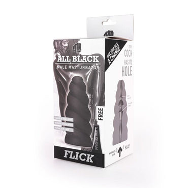 Experience unique sensations with the All Black Masturbator Flick. Spiral design, thick ridges, and textured interior. Body-safe TPR for intense, satisfying play.2