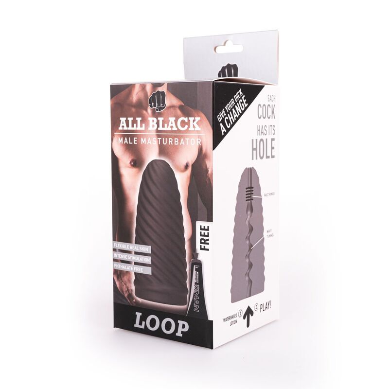 Experience unique 360-degree stimulation with the All Black Masturbator Loop. Spiral exterior, zig zag interior, and body-safe. Made in Belgium for intense play.4