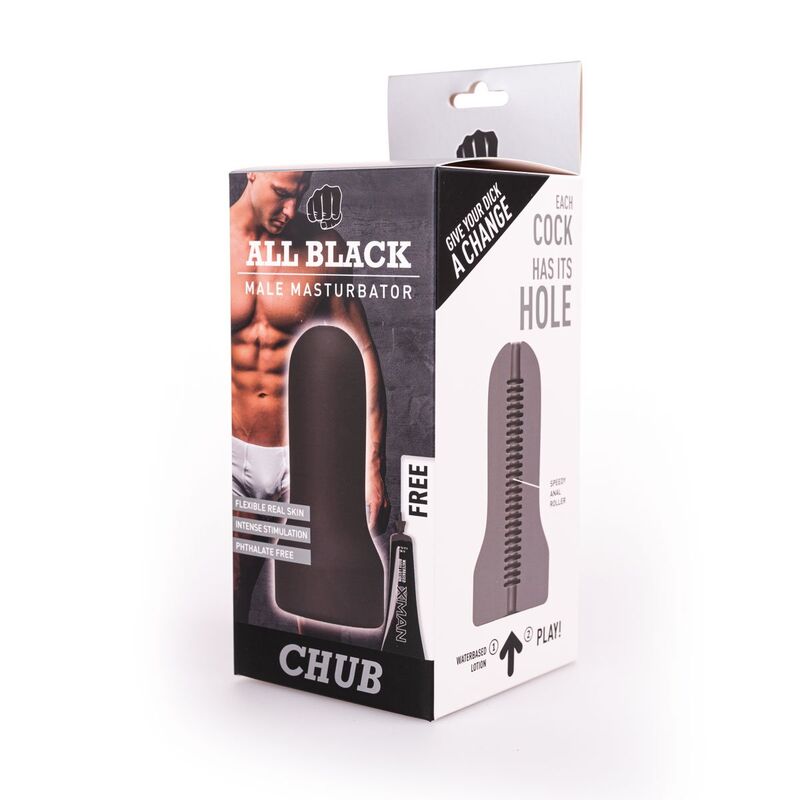 Experience ultimate pleasure with the All Black Masturbator Chub. Smooth exterior, ridged interior, and body-safe material. Made in Belgium for consistent, intense play.4