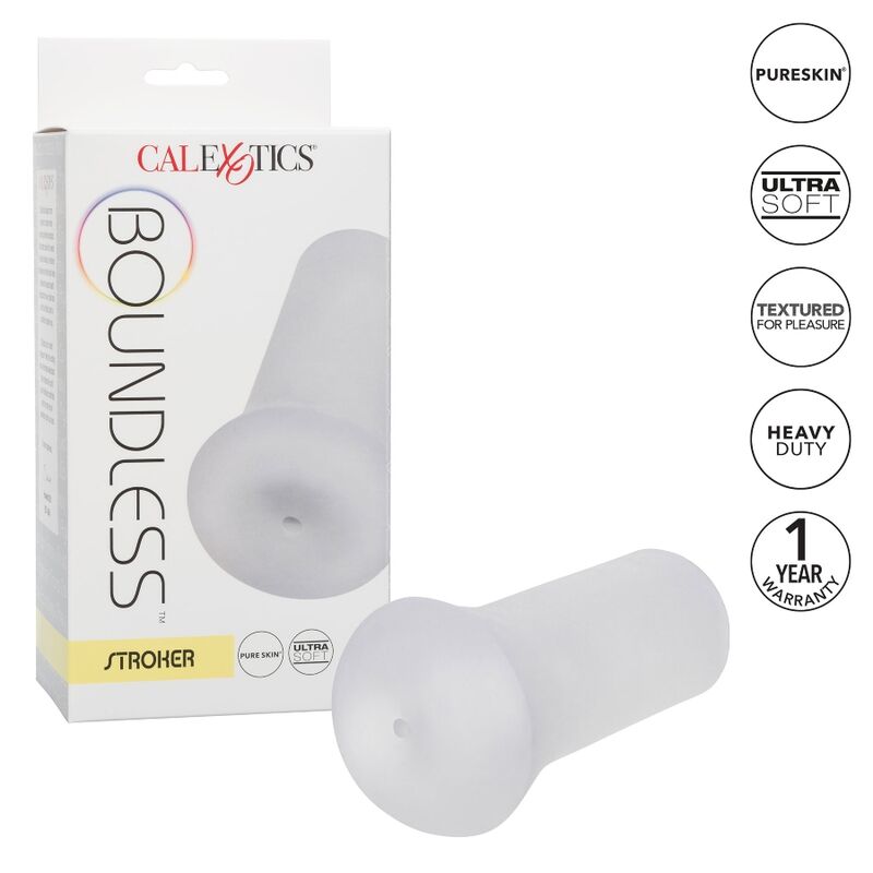 CaliExotics Boundless Male Stroker features a textured chamber, soft Pure Skin feel and closed-end suction. Available in transparent, beige, and caramel brown.2