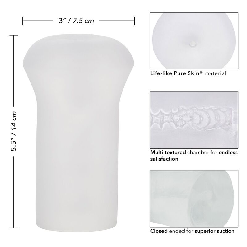 CaliExotics Boundless Male Stroker features a textured chamber, soft Pure Skin feel and closed-end suction. Available in transparent, beige, and caramel brown.5