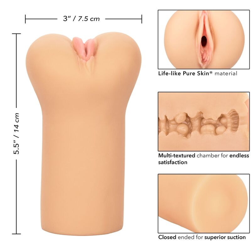 CalExotics Vulva Male Stroker offers soft Pure Skin texture, multi-textured chamber, and closed-end suction. Available in clear, beige, and brown.19