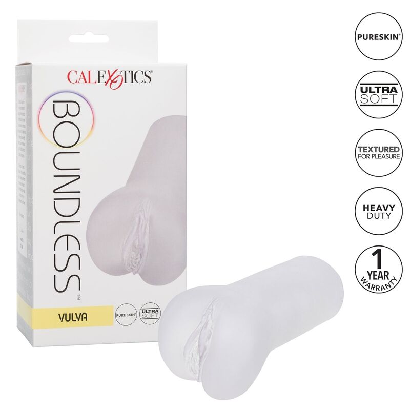 CalExotics Vulva Male Stroker offers soft Pure Skin texture, multi-textured chamber, and closed-end suction. Available in clear, beige, and brown.8
