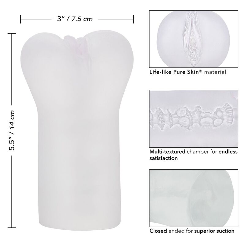 CalExotics Vulva Male Stroker offers soft Pure Skin texture, multi-textured chamber, and closed-end suction. Available in clear, beige, and brown.4