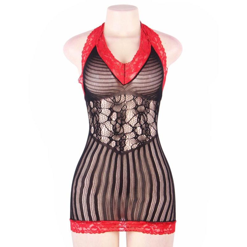 Queen Lingerie - Black And Red Crotchet Chemise S/L