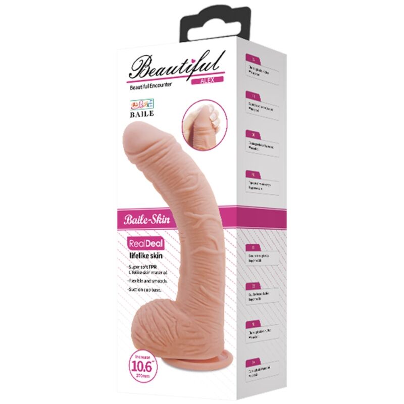 Baile Alex Realistic Dildo features lifelike design, curved shaft, soft TPR skin, and strong suction cup for hands-free, G-spot or prostate stimulation.13