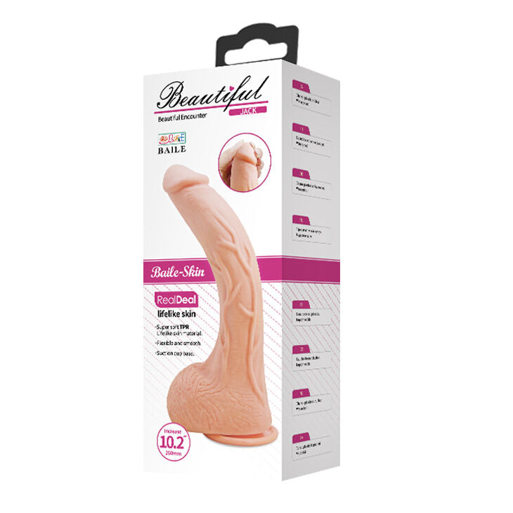 Baile Beautiful Jack Dildo features a 26cm curved shaft, soft skin-touch TPR, lifelike texture, and strong suction cup for deep, hands-free G-spot pleasure.676