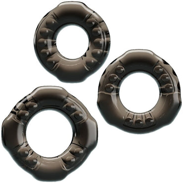 Baile Yvonne Cock Ring Set includes 3 soft, stretchy rings to enhance erections and delay climax. Comfortable fit, textured design, and size variety for pleasure.1