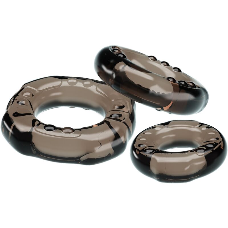 Baile Yvonne Cock Ring Set includes 3 soft, stretchy rings to enhance erections and delay climax. Comfortable fit, textured design, and size variety for pleasure.2