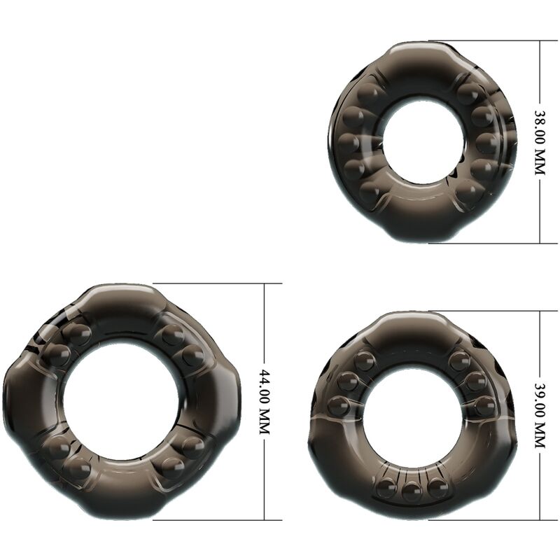 Baile Yvonne Cock Ring Set includes 3 soft, stretchy rings to enhance erections and delay climax. Comfortable fit, textured design, and size variety for pleasure.3