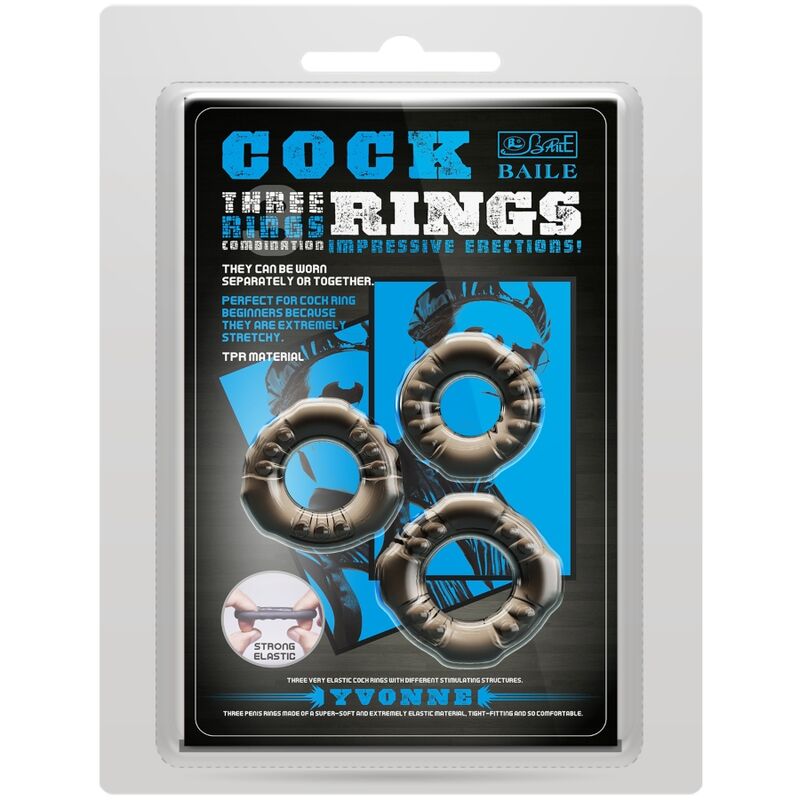 Baile Yvonne Cock Ring Set includes 3 soft, stretchy rings to enhance erections and delay climax. Comfortable fit, textured design, and size variety for pleasure.4
