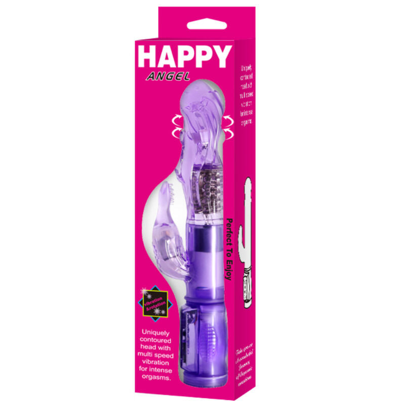 A purple, mini vibrator with a curved design and additional stimulator, featuring a transparent section showcasing internal mechanics. Enjoy 20 vibration modes with Baile Mini Happy Rabbit Vibrator. Soft gelatin, clitoral stimulator, waterproof. Ships UK & EU. Order now!