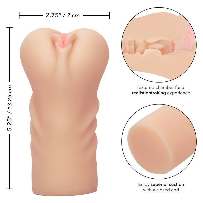 CalExotics Thrills Male Masturbator offers lifelike Pure Skin texture, intense suction, and compact design. Available in 3 styles: Queen of Mars, She Naughty, First Time.3