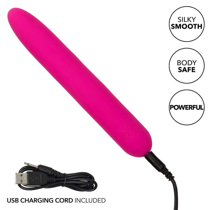 CalExotics Bliss Silicone Vibrator offers 10 speeds, a seamless soft tip, liquid silicone design, USB recharge, and memory chip for smooth, powerful pleasure sessions.5