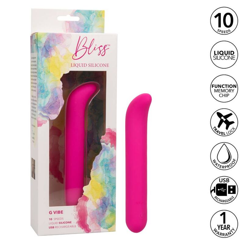 CalExotics Bliss G-spot Vibe offers 10 powerful speeds, curved soft tip, liquid silicone design, USB recharge, and memory chip for ultimate internal pleasure.2