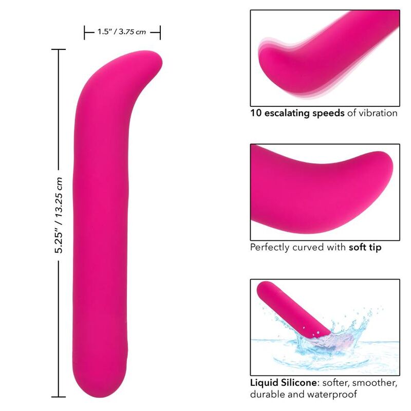 CalExotics Bliss G-spot Vibe offers 10 powerful speeds, curved soft tip, liquid silicone design, USB recharge, and memory chip for ultimate internal pleasure.3
