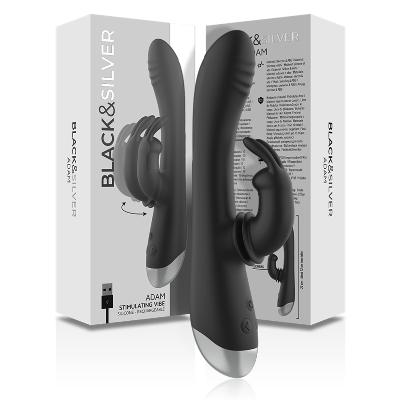 Experience intense pleasure with the Black Silver Adam Rabbit Stimulator. Dual motors, flexible silicone, G-spot & clitoral stimulation, waterproof, and up to 4 hours of use.0
