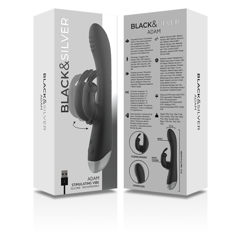 Experience intense pleasure with the Black Silver Adam Rabbit Stimulator. Dual motors, flexible silicone, G-spot & clitoral stimulation, waterproof, and up to 4 hours of use.11