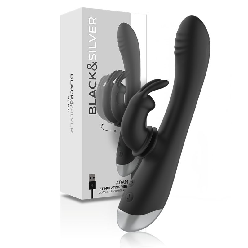Experience intense pleasure with the Black Silver Adam Rabbit Stimulator. Dual motors, flexible silicone, G-spot & clitoral stimulation, waterproof, and up to 4 hours of use.2