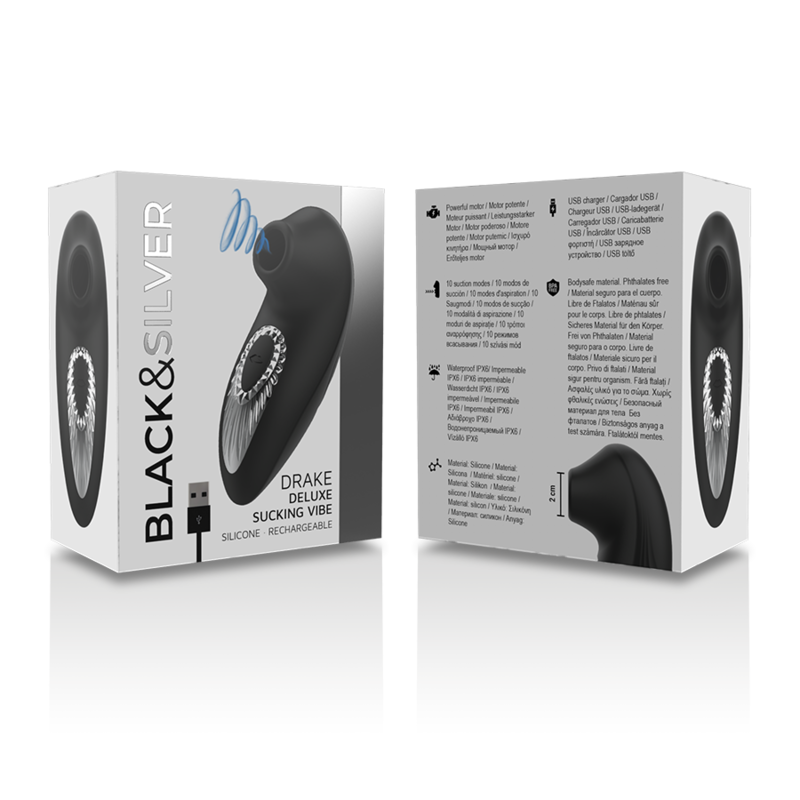 Experience intense clitoral stimulation with the Black Silver Drake Clitoral Suction Stimulator. 10 suction modes, ergonomic design, waterproof, and USB rechargeable.7