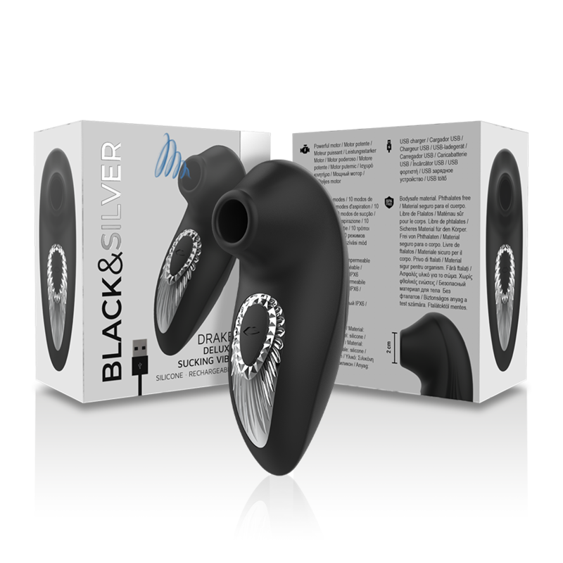 Experience intense clitoral stimulation with the Black Silver Drake Clitoral Suction Stimulator. 10 suction modes, ergonomic design, waterproof, and USB rechargeable.6