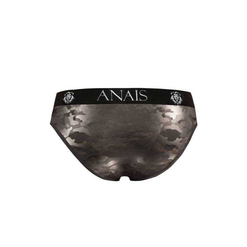 This image features a male model wearing the Anais Men - Electro Slip L, a pair of men's briefs underwear. The underwear is black with a subtle, high-quality military print that adds a touch of elegance. Anais Men Electro Slip soft microfiber men's slip underwear with military print3