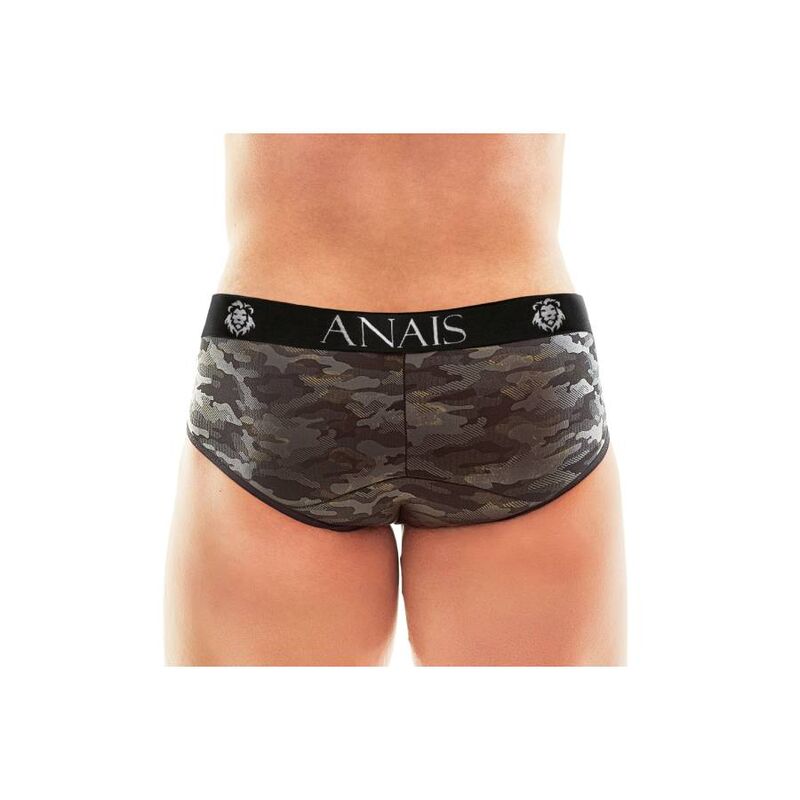 A man wearing black electro boxer briefs with a small logo on the waistband. Anais Men Electro Boxer Brief soft microfiber men's boxer briefs with military print4