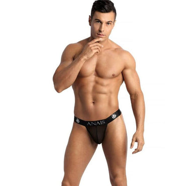 Anais Men Eros Jock Strap sheer tulle men's thong jockstrap with elegant finishing A man wearing a black Anais jockstrap, with the brand's logo visible on the waistband.