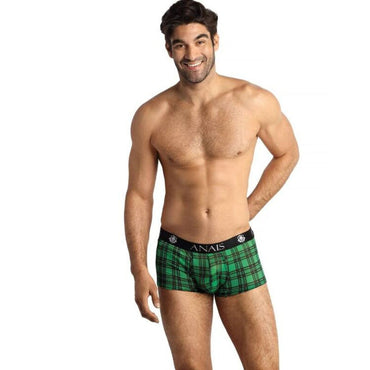 Anais Men Magic Boxer soft stretchy lycra men's boxer shorts with wide elastic waistband A man wearing green and black checkered boxer briefs with an elastic waistband.
