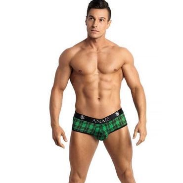 Anais Men Magic Jock Bikini soft lycra open back briefs with checkered pattern A man wearing a green and black checkered bikini brief by Anais.