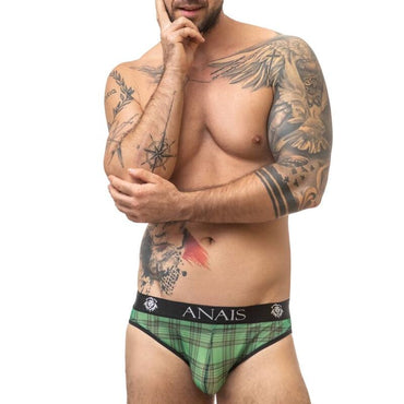 Anais Men Magic Slip soft stretchy lycra men's slip underwear with wide elastic waistband A man wearing a green and black checkered patterned brief underwear with the brand name 'ANAIS' visible on the waistband.
