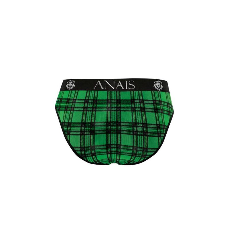 Anais Men Magic Slip soft stretchy lycra men's slip underwear with wide elastic waistband A man wearing a green and black checkered patterned brief underwear with the brand name 'ANAIS' visible on the waistband.4