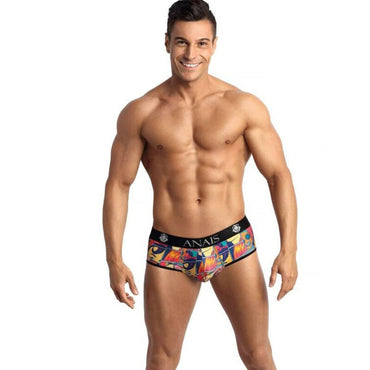 This image features a male model wearing a colorful, comic-themed jock bikini from the brand ANAIS. The design includes a pair of briefs with an open buttock style, playfully revealing the male buttocks. Anais Men Comics Jock Bikini soft modal open back briefs with bold comic print