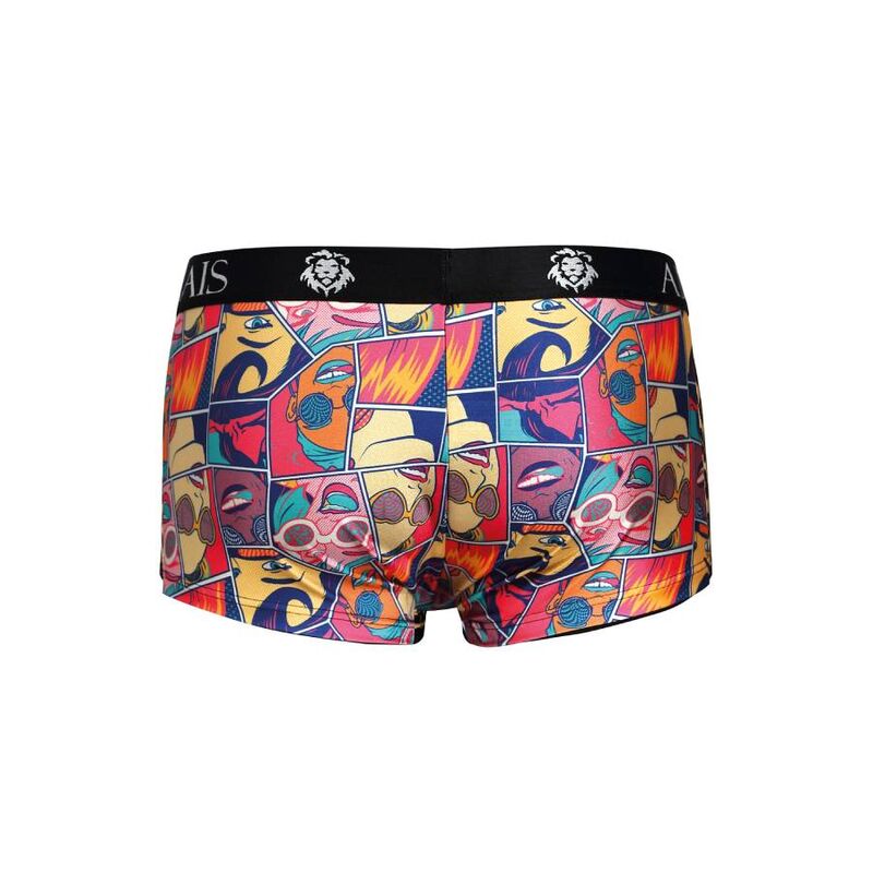 A man wearing colorful comic-printed boxer shorts with the brand name 'ANAIS' visible on the Anais Men Comics Boxer soft modal men's boxer shorts with bold comic printwaistband.133