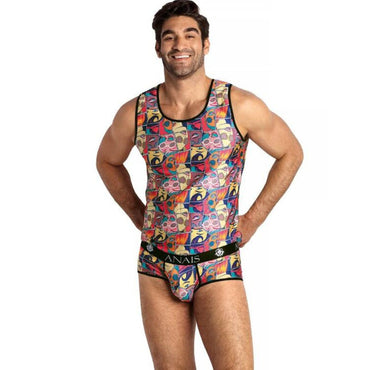 A man wearing a colorful comic book-themed tank top with a front logo visible. Anais Men Comics Top soft modal men's lingerie top with bold comic print