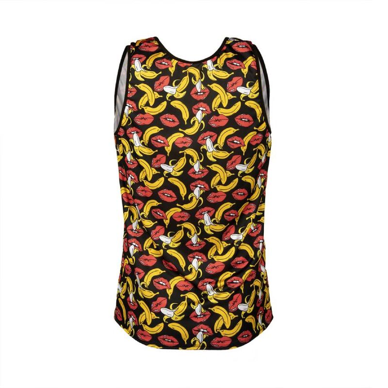 A man wearing a yellow and red banana print lycra tank top. Anais Men Banana Top soft lycra men's lingerie top with bold banana print4
