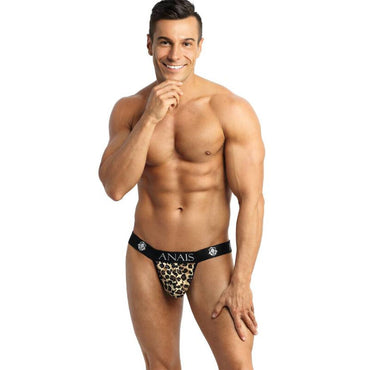 Anais Men Mercury Jock Strap soft microfiber men's jockstrap with animal print and open back A man wearing a black jockstrap with a leopard print pattern and the brand name 'ANAIS' visible on the waistband.