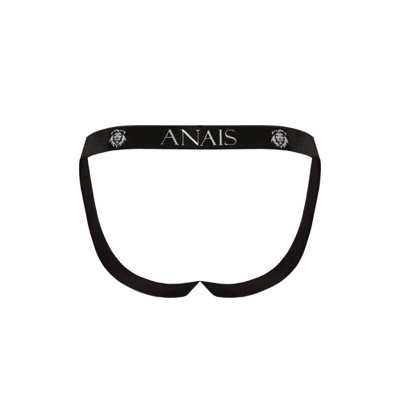 Anais Men Mercury Jock Strap soft microfiber men's jockstrap with animal print and open back A man wearing a black jockstrap with a leopard print pattern and the brand name 'ANAIS' visible on the 4